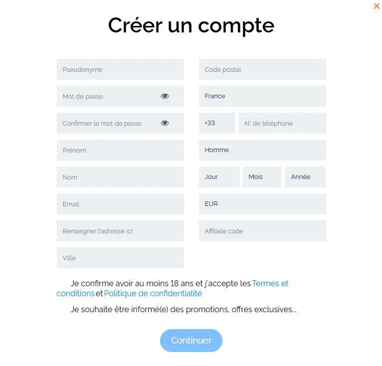 Procedura di registrazione WINKBET CASINO